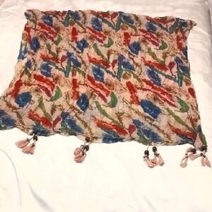 Pretty Angel Linen Scarf with Multicolor Pattern and Beads, NWT
